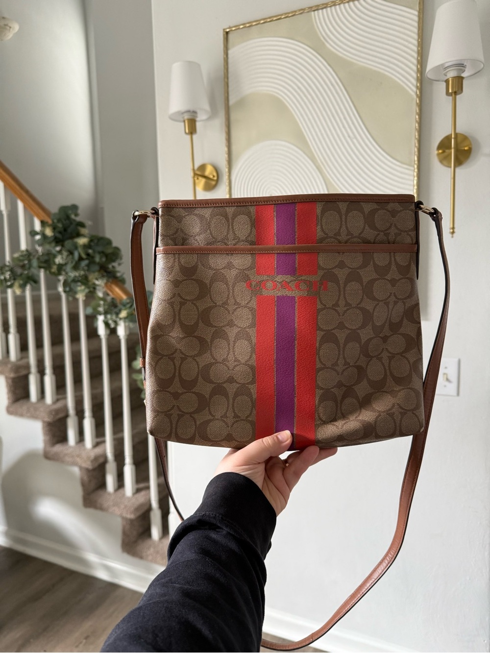 Coach Brown Signature Crossbody with Red and Purple Center Stripe